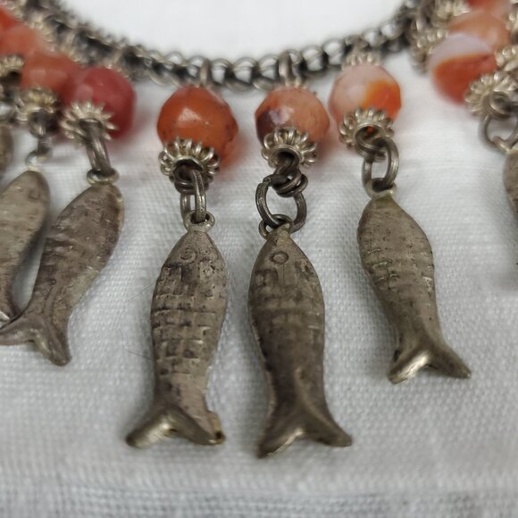 Gorgeous Unique Antique Faceted Carnelian Stone with Silver Fish Heavy Necklace - Picture 6 of 9